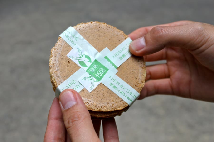 A stack of shika senbei, the flat rice crackers sold in Nara Park to feed the deer.